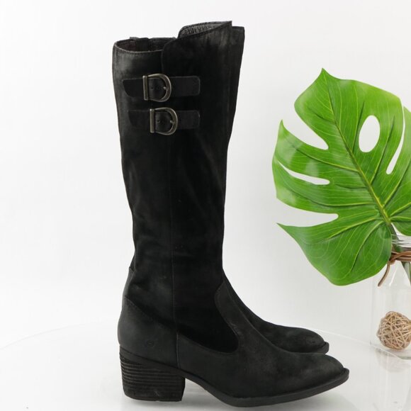 Born Womens Basil Riding Boot Size 8.5 M Tall Black Suede Block Heel Buckles - Picture 4 of 16